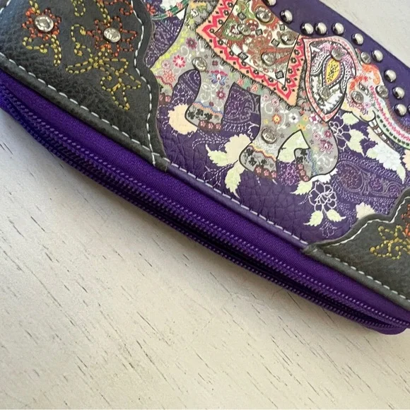 Purple Western Style Studded Wallet Bohemian Elephant Double Zipper Wristlet New - Picture 7 of 11